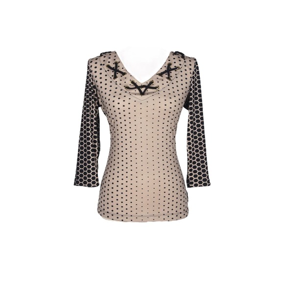 Women's Dressy Top V-Neck Size M Taupe Polka Dot Detailed Sleeves Klaveli NWT - Picture 1 of 2
